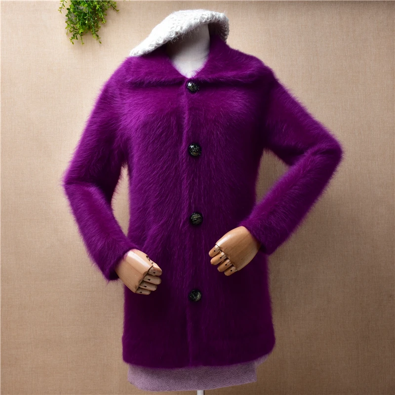 ladies women fashion purple hairy plush mink cashmere knitted turn-down neck slim cardigan angora fur jacket coat sweater pull