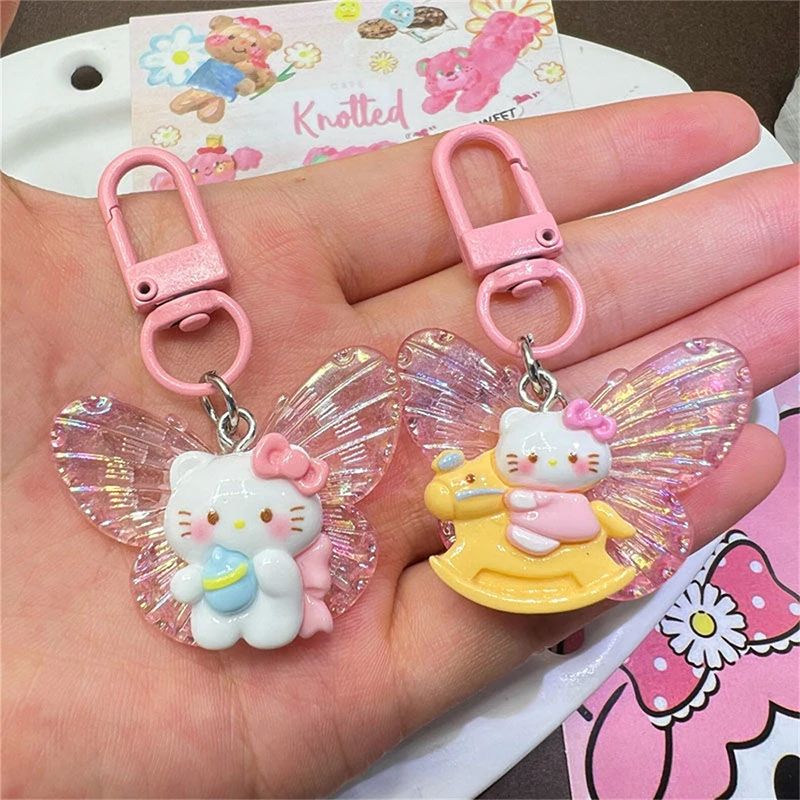 Sweet Cute Butterfly Hello Kitty Keychain Cartoon KT Cat Key Ring Bag Pendant Car Key Holder Earphone Charm Best Friend Gift