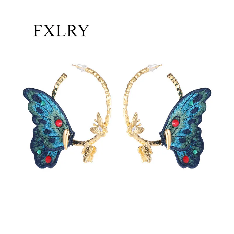 FXLRY Vintage Fabric Embroidery Zircon Butterfly Circle Silver Needle Hoop Earrings For Women Jewelry