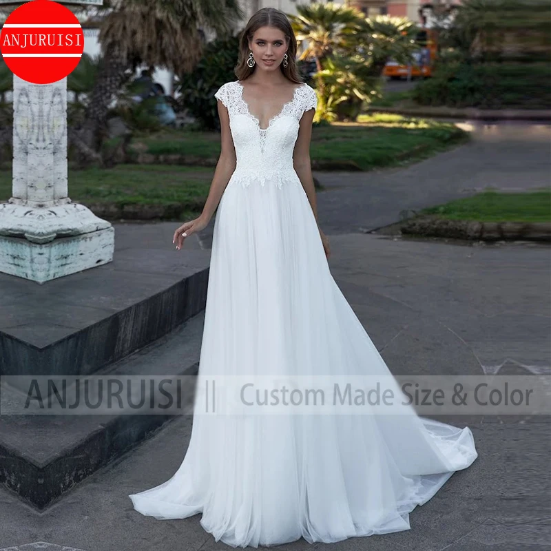 Vestido De novia con cuello en V, manga casquillo, línea A, bohemio, sencillo, elegante, De tul, 2022