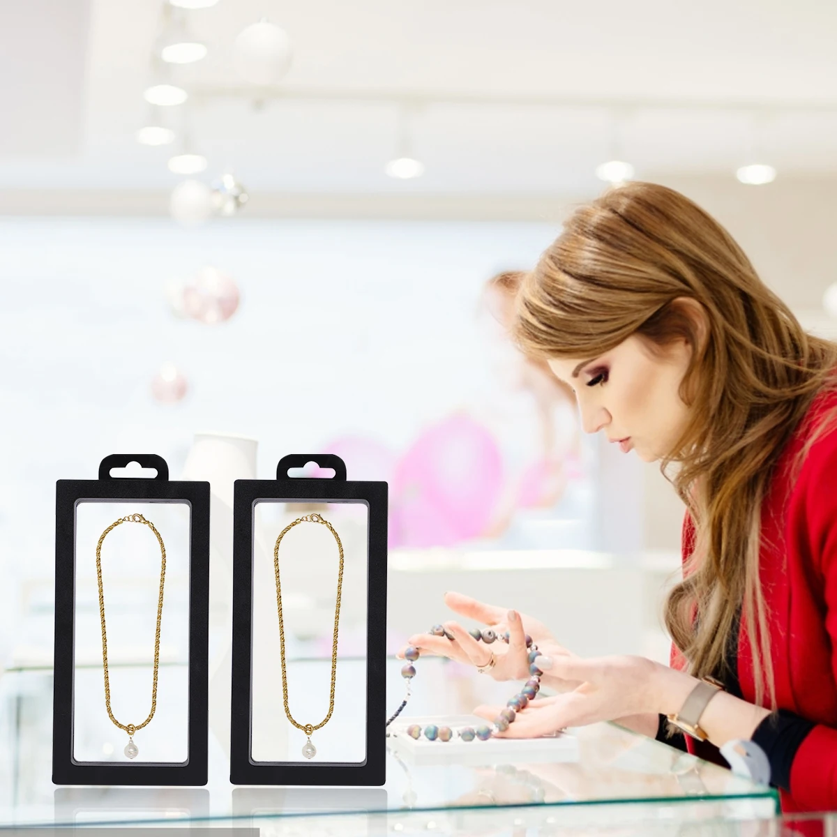 

2Pcs Clear Jewelry Display Stand Pe Floating Holder Dustproof Frame Black 180x90x20mm Organizer for Necklace Rings