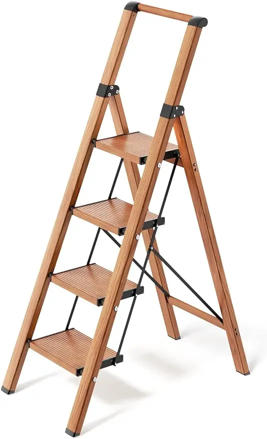 4 Step Ladder, Folding Step Stool with Convenient Handgrip for Home,Office,Kitchen, Woodgrain Lightweight Aluminum Step Stool wi