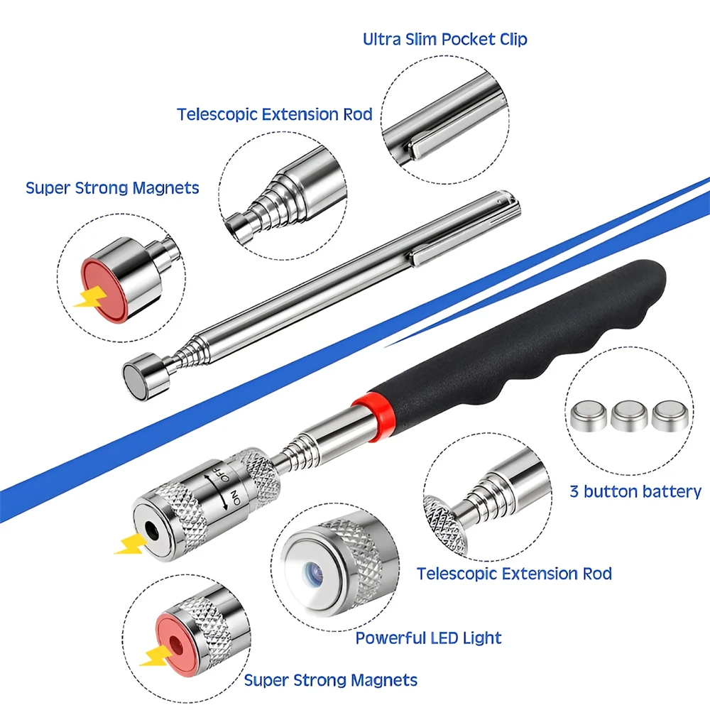 1Pc Telescopic Adjustable Magnetic Pick-Up Tool Magnetic Telescopic Magnet Grip Long Pen Telescopic Magnet Stick with LED Light