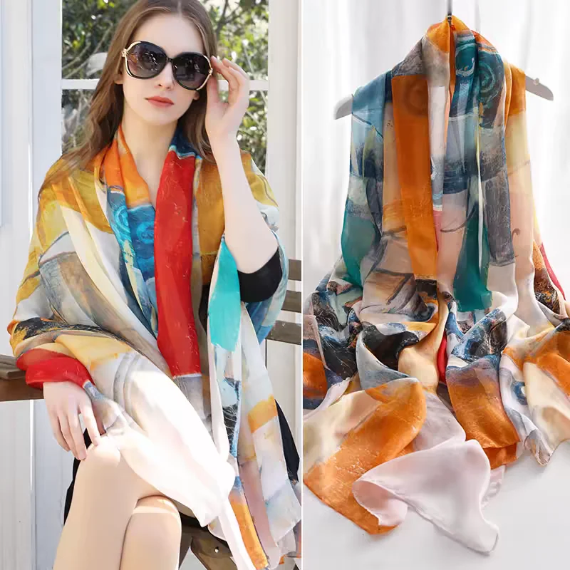 Orange Blue100% Silk Scarf Fashion Striped Design Long Scarves Ladies Summer Utralong Beach Shawl Winter Twill Scarves 195*110cm