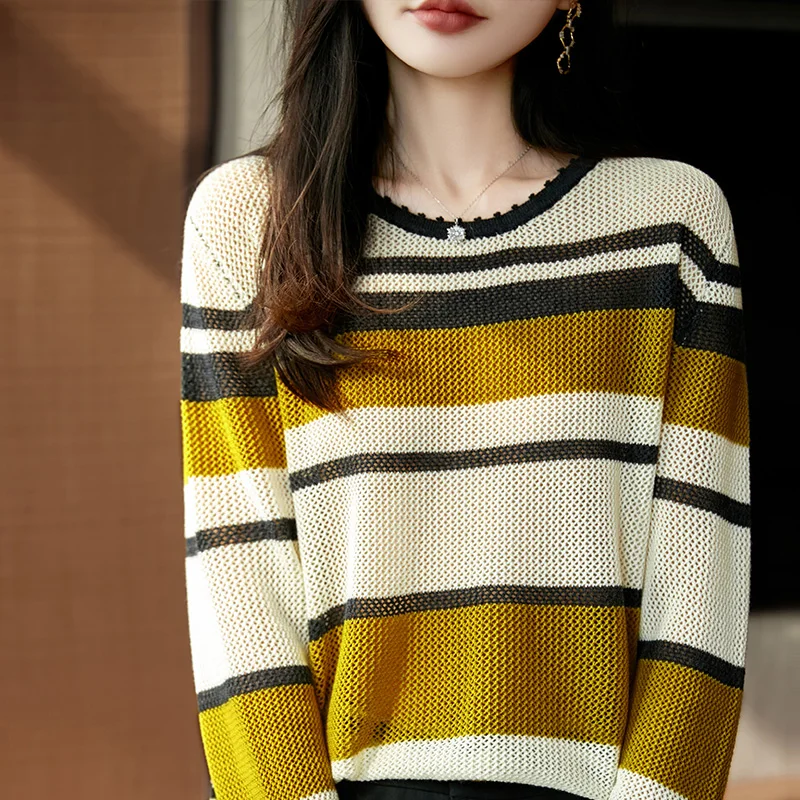 

Spring and Autumn New Worsted Wool Striped Round Neck Hollow French Contrast Knitwear
