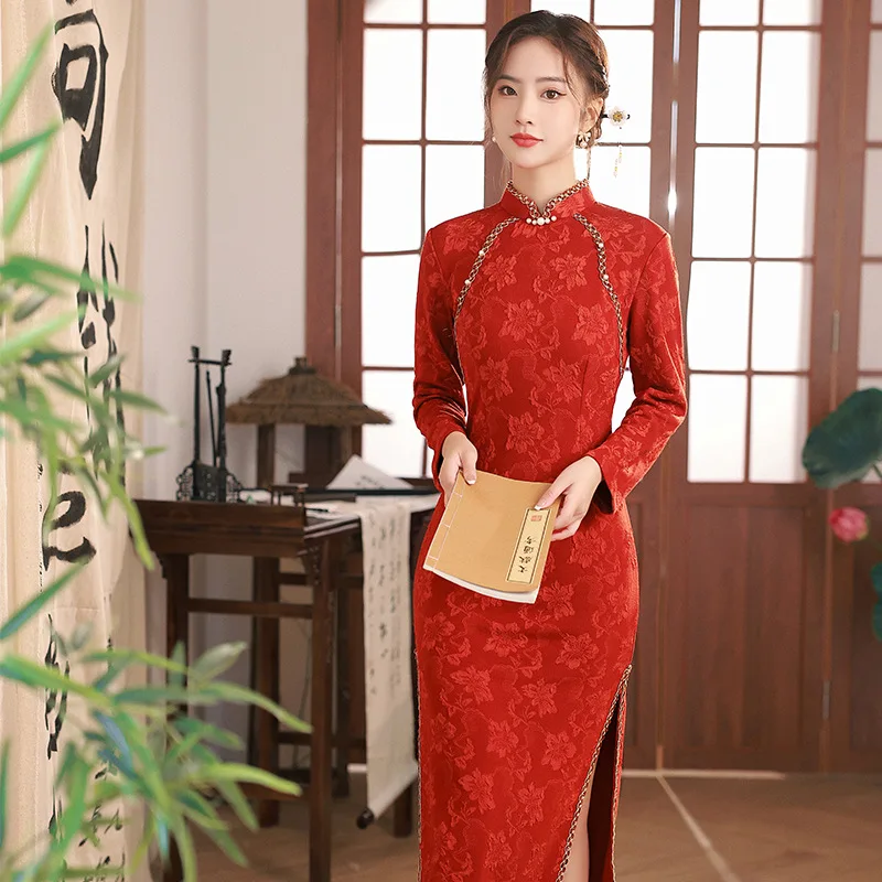 

Red Engagement Improved Cheongsam Autumn Young Bride Toast Wedding Clothing Long-sleeved Chinese Qipao Dress for Elegant Women