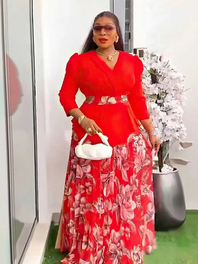 

2piece Sets Woman Outfits V Neck Elegant Shirt Skirt Set Women Reverse Long Sleeve Slimming T-shirt High Waist Long Skirts Sets