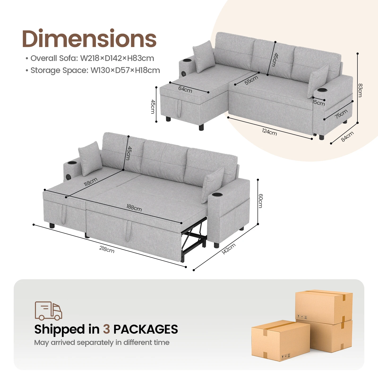 أريكة سرير، سرير أريكة على شكل حرف L، 3 في 1 أريكة مقطعية مع منافذ USB ونوع C وحاملين أكواب، أريكة زاوية قابلة للتحويل #2