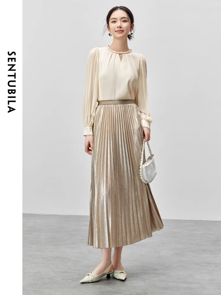 SENTUBILA Women French Hollow Out Blouse 2024 Autumn Chiffon Straight Woven O Neck Lantern Sleeve Tops 143V56037