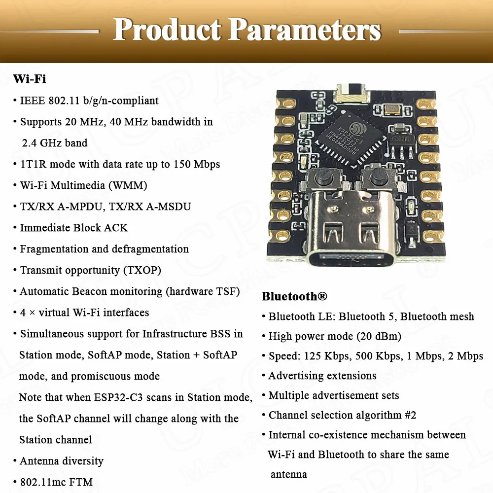 لوحة تطوير واي فاي مصغرة BT ، ESP32 C3 ، Type-C ، 16Pin ، ويدعم ، 32 بت ، معالج أحادي النواة