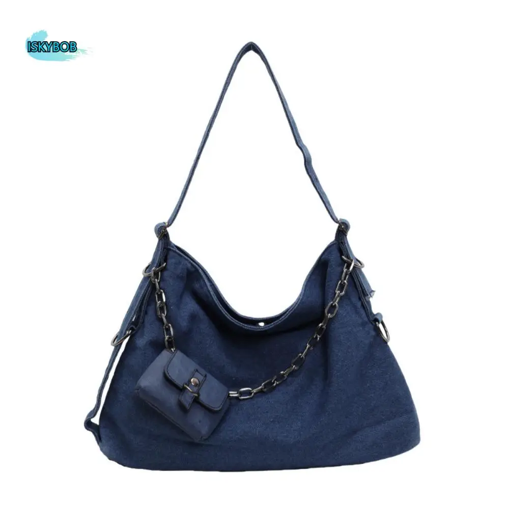 

With Small Bag Denim Shoulder Bag Large Capacity Retro Women's Chain Crossbody Bag Versatile Cross Body Handheld Tote Bag Work