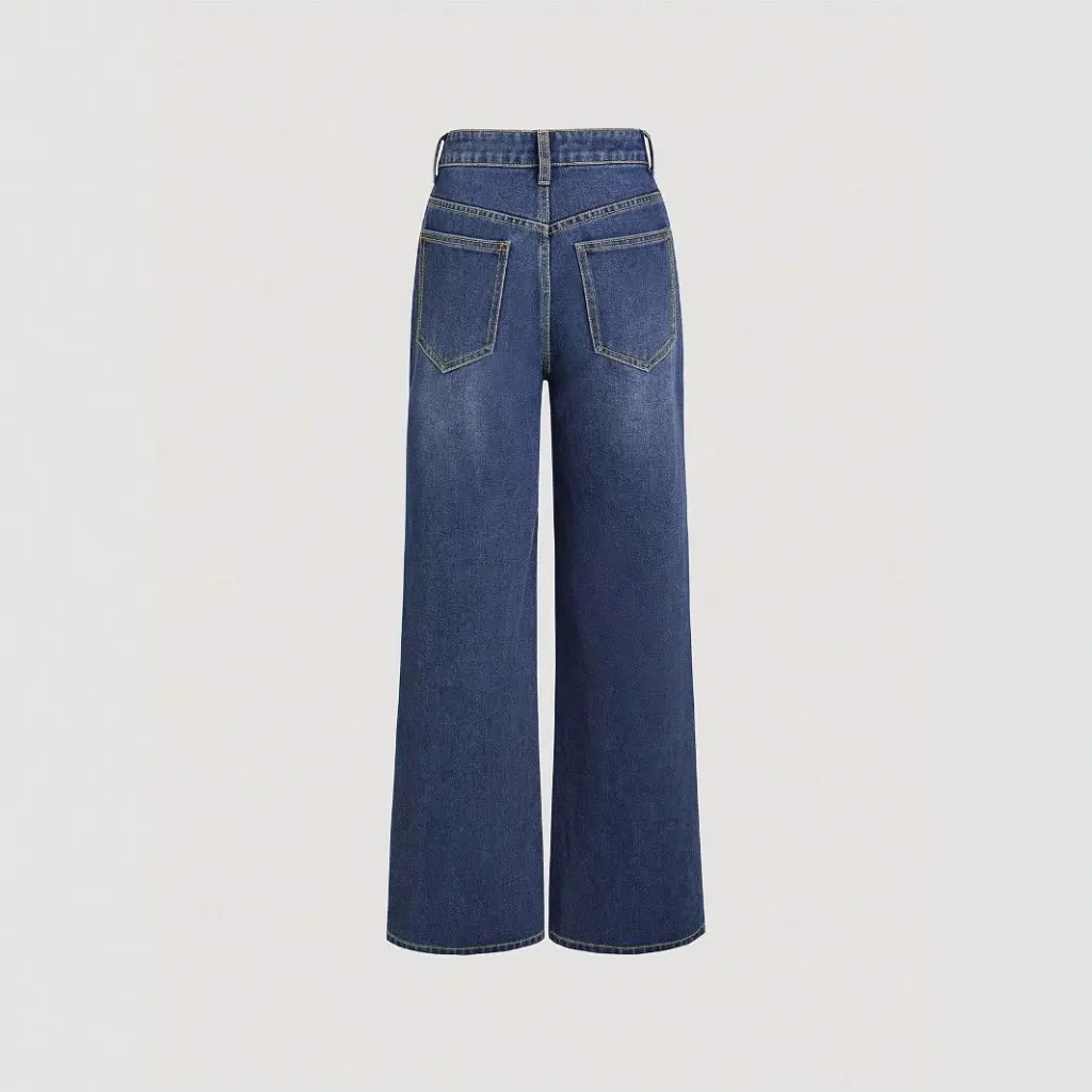

Women's Loose Straight Dark Blue Jeans Oblique Button Design Washed Effect European And American Style Long Mopping Pants