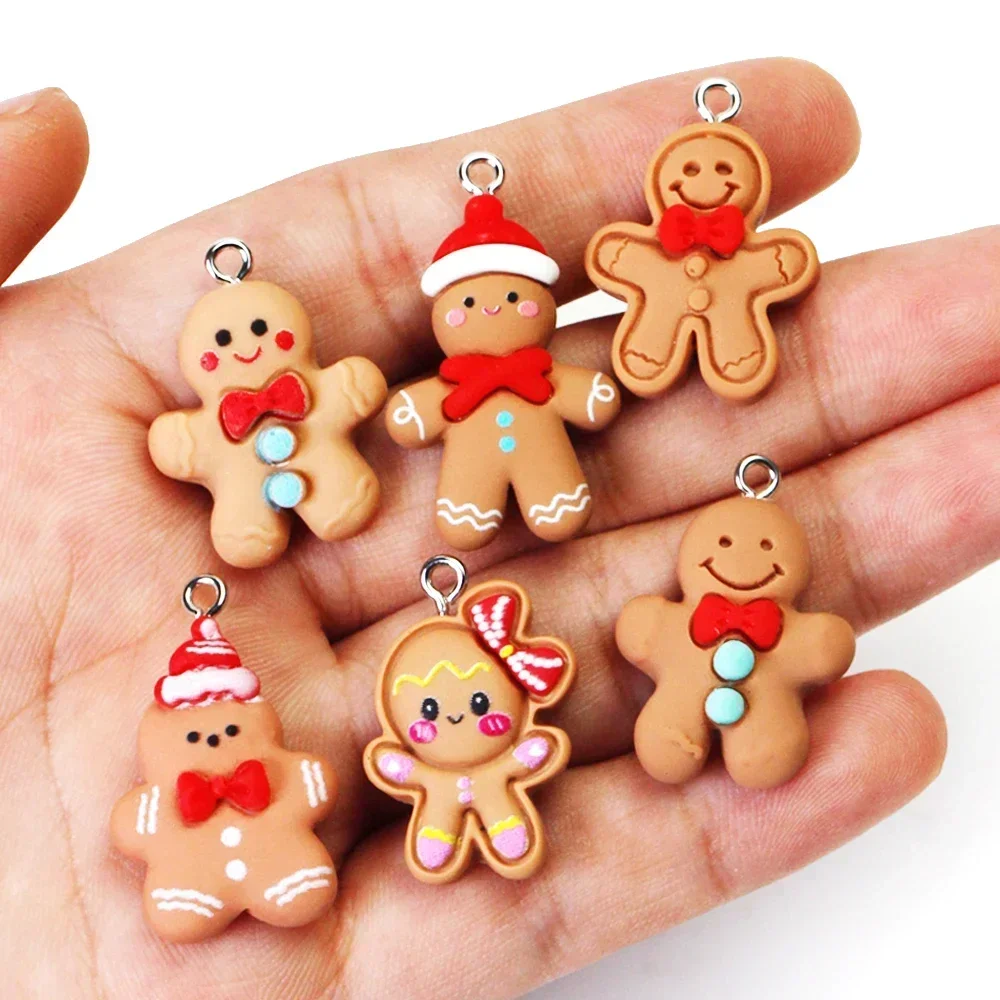 10pcs Christmas Gingerbread Man Biscuits Charms Resin Cookie Xmas Food Pendant for Earrings Bracelet Diy Jewelry Making Supplies