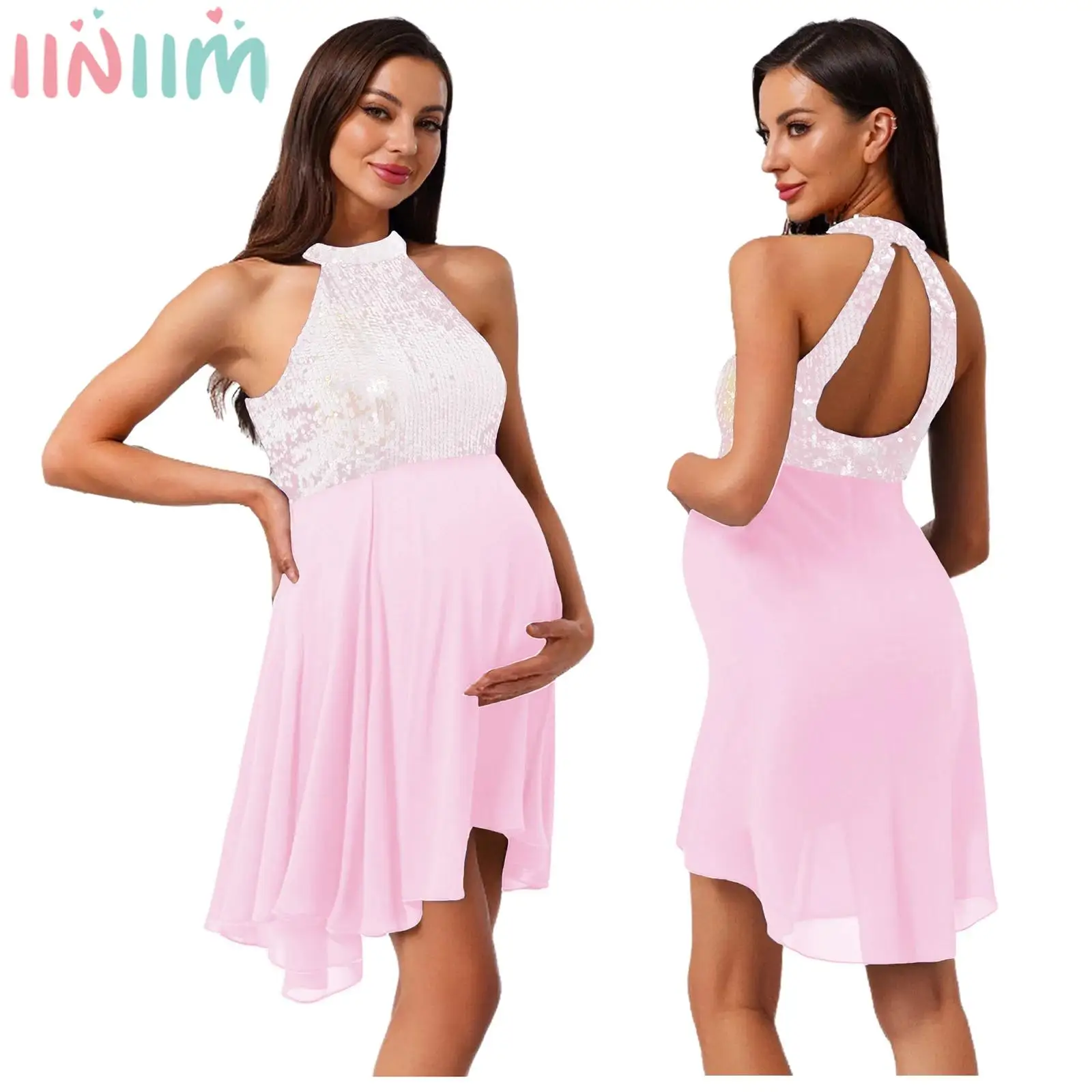 

Maternity Shiny Sequins Party Dress Halter Sleeveless Backless Chiffon Pregnancy Gown for Wedding Prom Banquet Photography