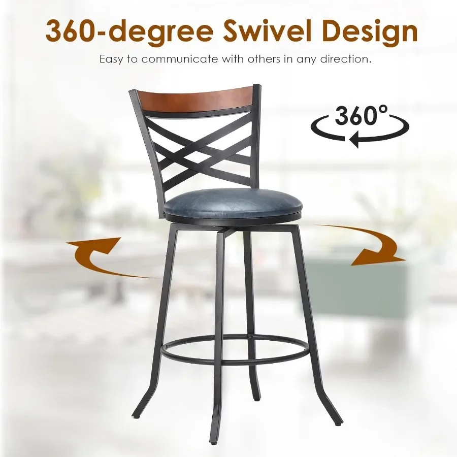 Mid Century Modern Drehbare Barhocker, 2er-Set, Thekenhöhe, Barhocker mit Rückenlehne, Kunstleder, 350 Pfund, Blau