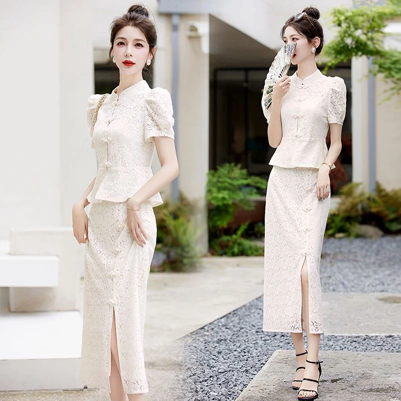 Set Improved Cheongsam Skirt Set For Women 2024 Summer New Style Chinese Socialite Temperament Bag Hip Skirt Two Piece Fashion