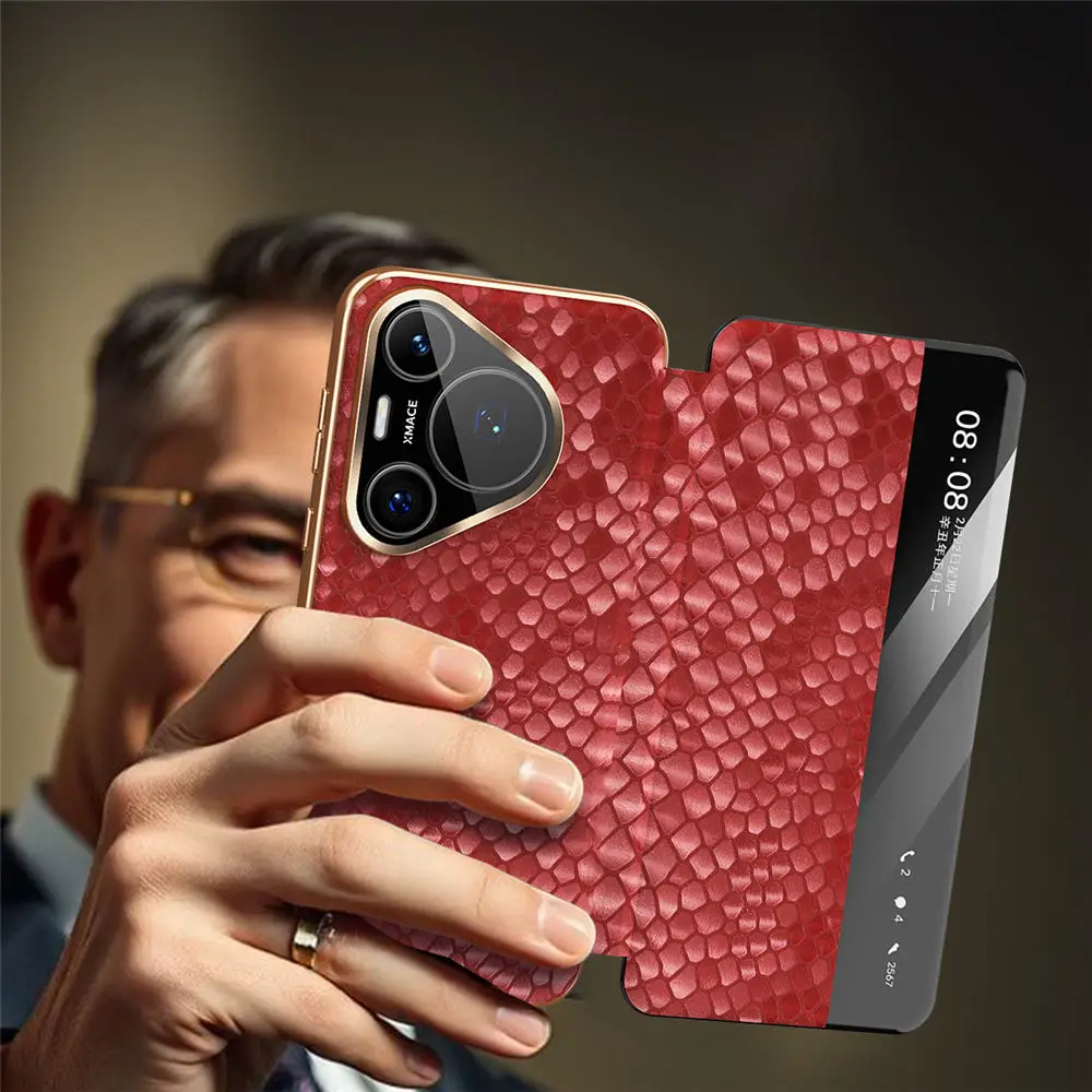 

Чехол-книжка из натуральной яловой кожи питона для Huawei Pura 70 80 Pro 80, полное покрытие с видом на окно