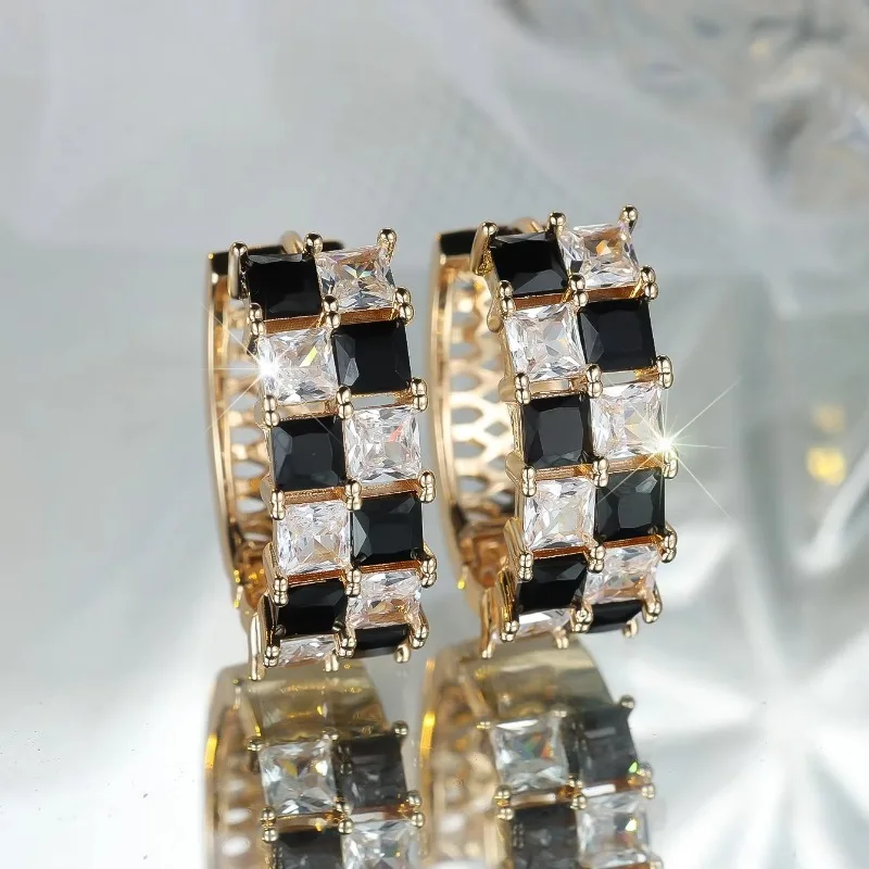 Luxury Small White Black Round Zircon Stone Hoop Earrings For Women Vintage Female Fashion Gold Color Wedding Jewelry