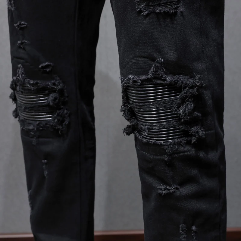 Designer fashion new men's jeans perforated patch elastic slim fit black jeans hip-hop brand high-quality elastic slim fit jeans