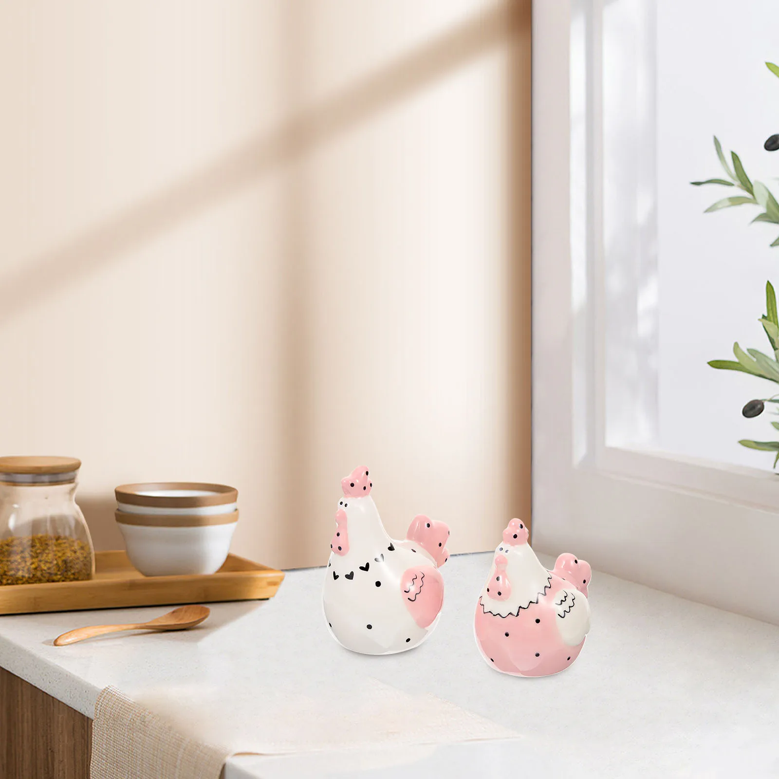 

2Pcs Chicken Shaped Ceramic Seasoning Containers Set Leak-Proof Spice Jars for Salt Pepper Sugar Storage Kitchen Condiment