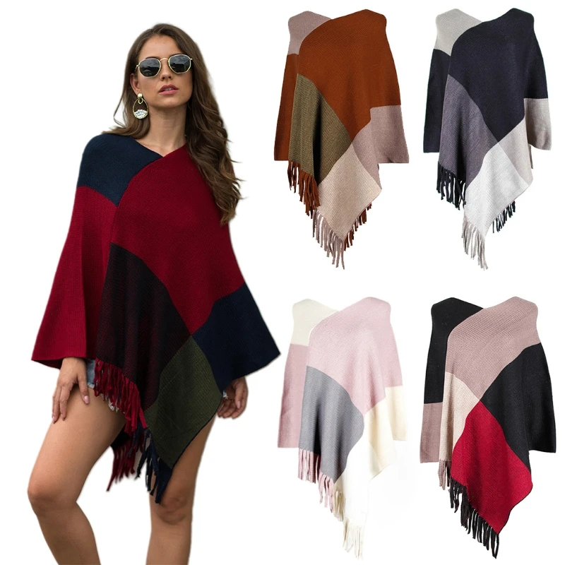 Women Autumn Poncho Cape Asymmetric Tassels Hem Knitted Shawl Scarf Wrap Vintage Fringed Loose Pullover Sweater Top