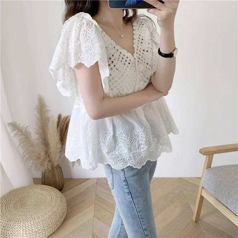 Sleeve Blouse Loose Sexy Round Neck Pullover with Lace Top Blusas Clothes for Women Tops Shirts Blouses