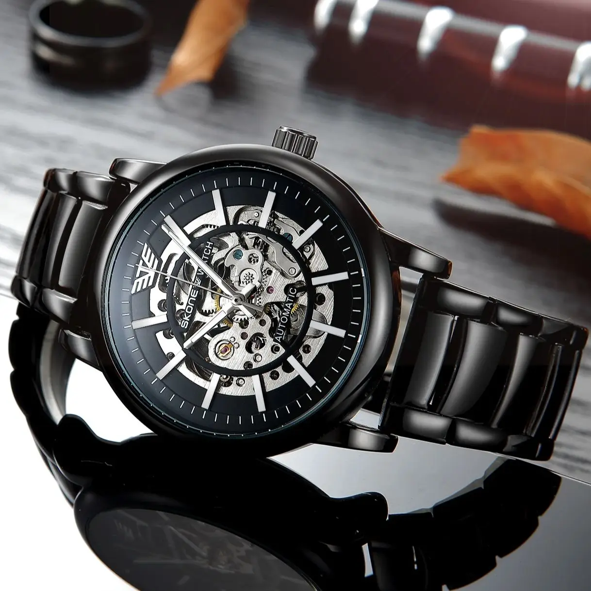 SKONE Mens WatchLuxury Hollowing Mechanical นาฬิกาข้อมือกันน้ําสแตนเลสแฟชั่นนาฬิกาอัตโนมัติสําหรับ Man