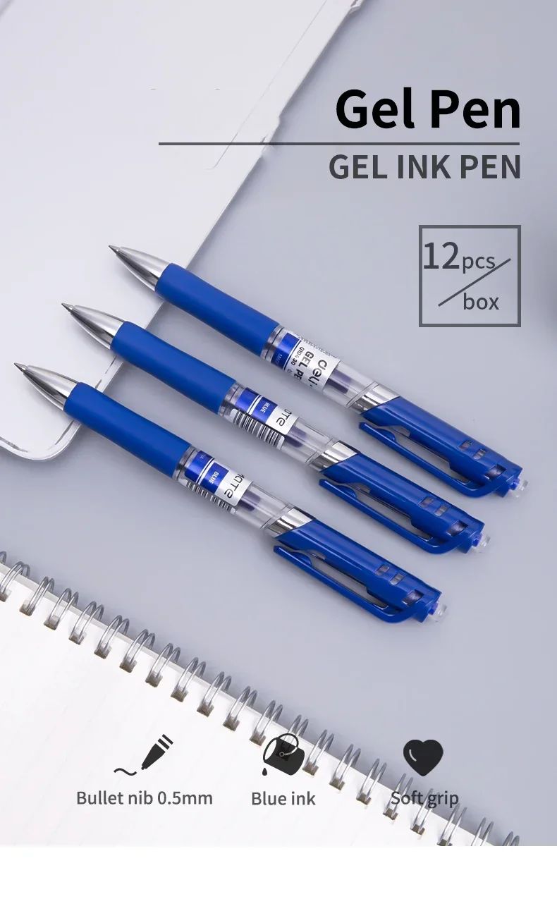 DELI Einziehbare Gelstifte, 0,5 mm, 12 Stück/Box, schwarze, blaue, rote Tinte, glatte Klickstifte zum Schreiben von Büro- und Schulbedarf – Detail 1