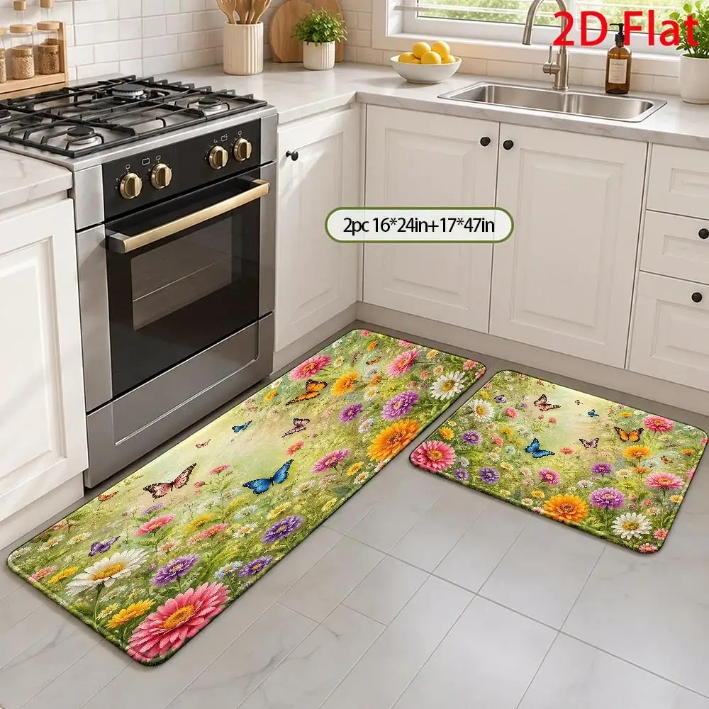 Vibrant Floral Meadow Butterfly Rug Carpet Polyester Indoor Area Mat Bohemian Living Room Home Decor Runner Spring Summer Cottag