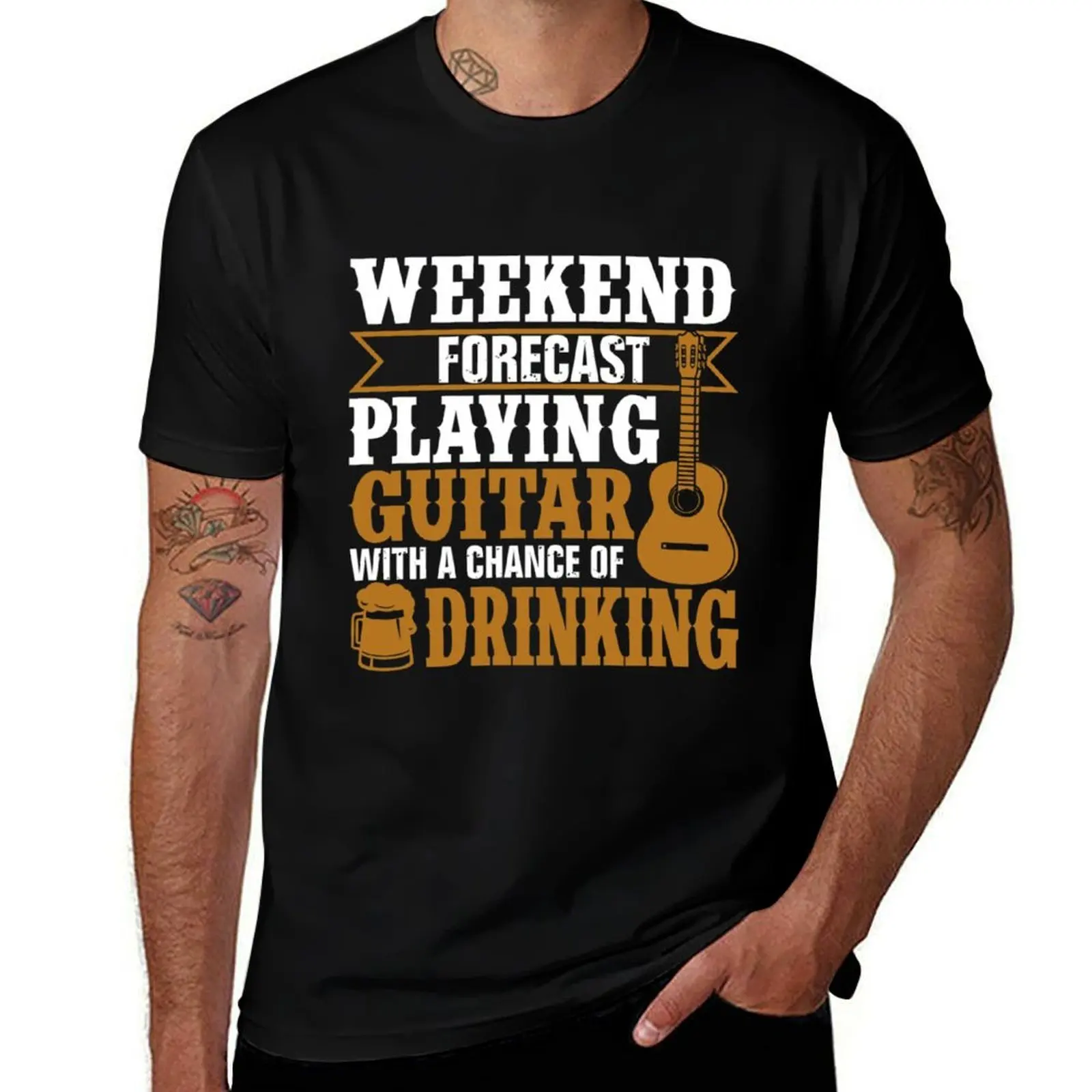 Weekend Forecast Playing Guitar With Drinking Rock Shirt T-Shirt Soft Touch Basic Cotton T-Shirt