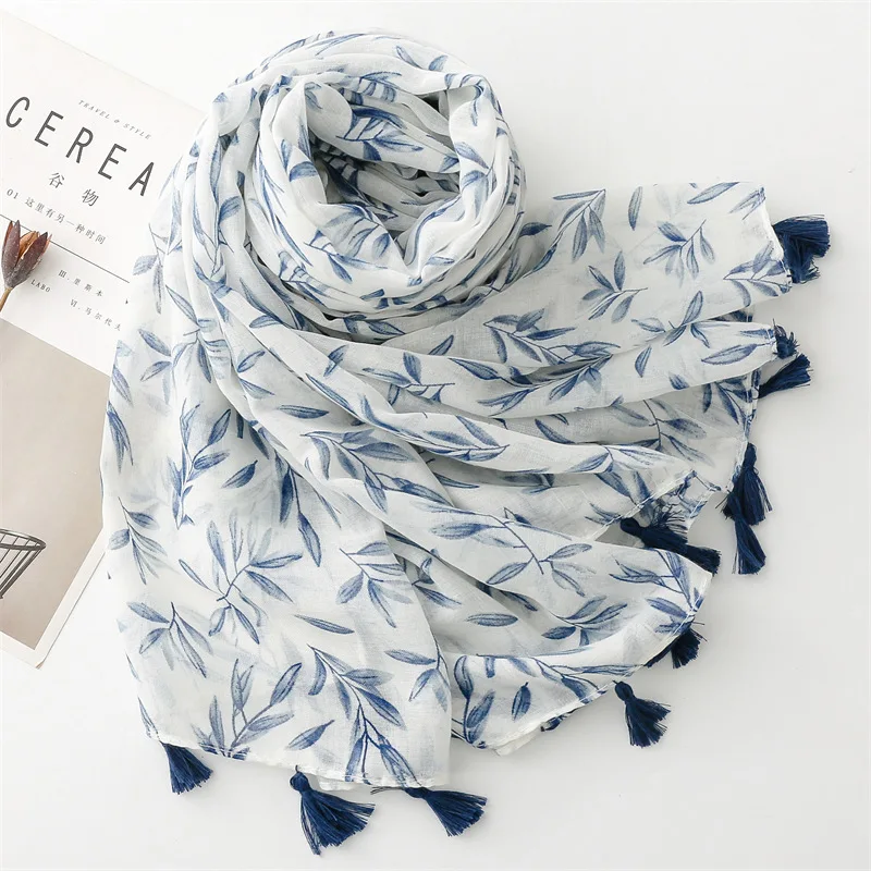 Korean style fashionable blue main tone cotton and linen feel scarf with printed design fresh and sweet tassel shawl for women