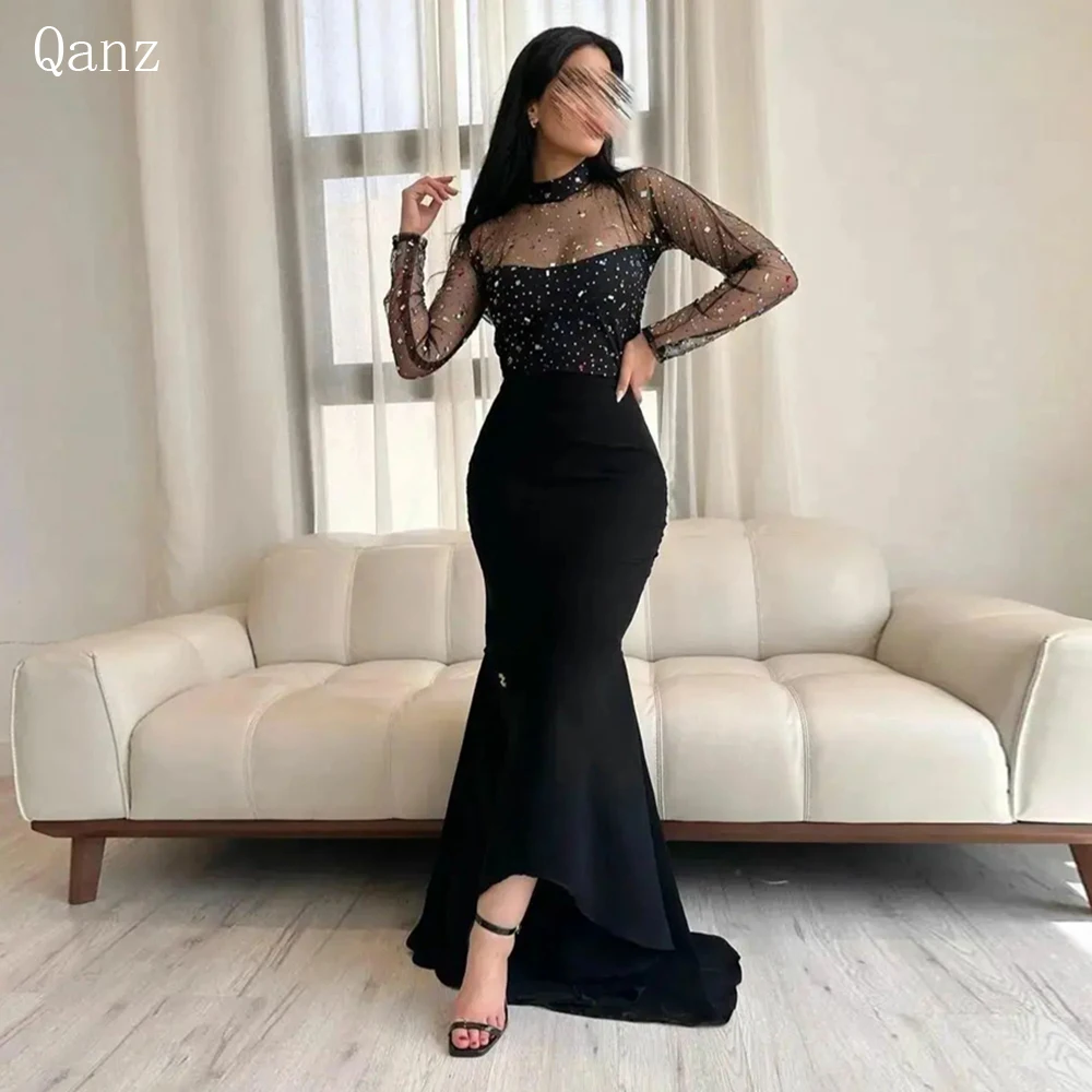 

Qanz Arabic Mermaid Evening Dresses 2023 High Neck Crystals Beaded Long Sleeves Prom Gown Black Party Dress Vestidos De Noche