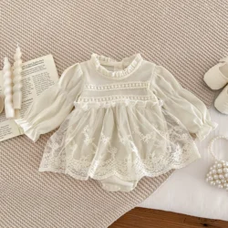 Autumn Newborn Bodysuit Baby Jumpsuit Girls Lace Hemline Balloon Long Sleeves Breathable Fabric Elegant Romper 0-2yrs