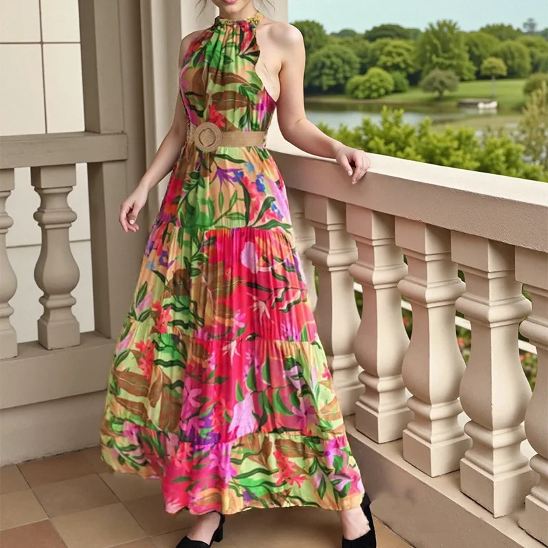 Sukienka maxi bez rękawów na lato 2025, wiązana na szyi, z odkrytymi ramionami, w stylu boho, w kwiaty, długa sukienka na plażę, moda damska.