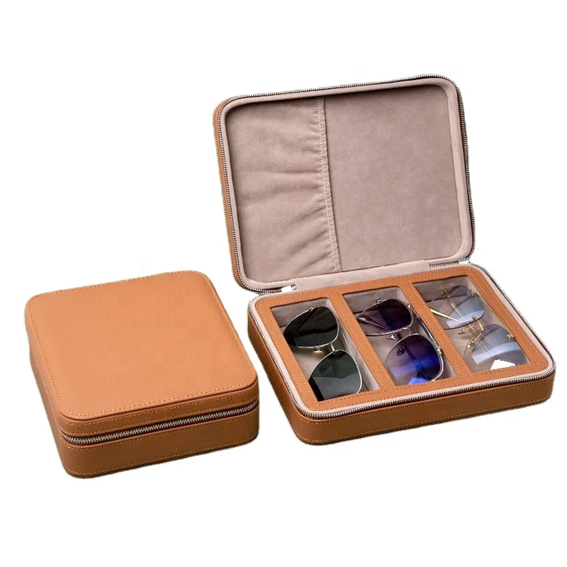 Portable 2 or 3 Slots Litchi PU Leather Sunglasses Storage Case Eyeglasses Organizer Travel Bag Hard Eyewear Zipper Box for Men