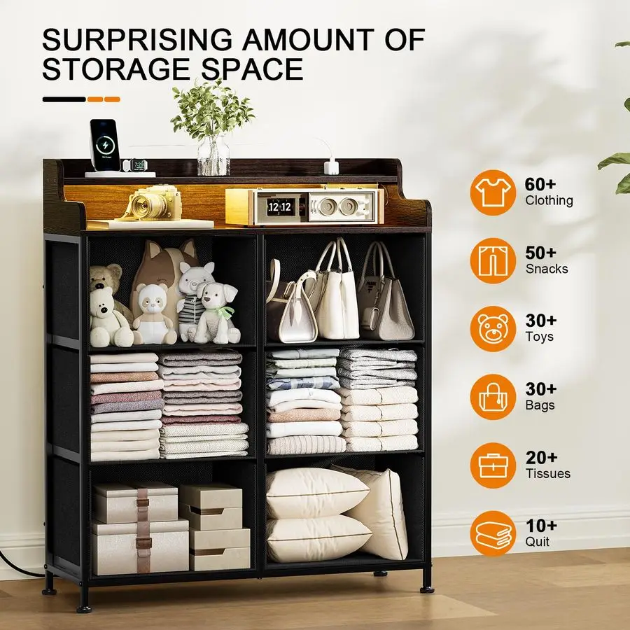 Cómoda para dormitorio con estación de carga y luces LED, mueble para TV con 6 cajones y tapa de madera, cómoda alta de tela