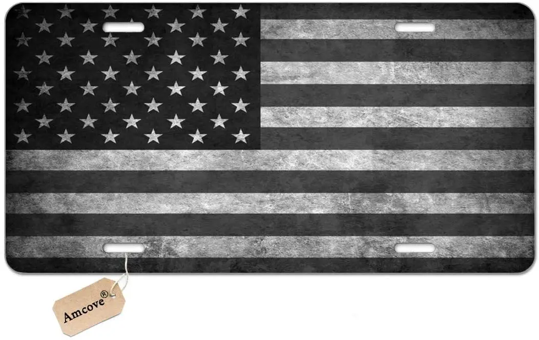 Amcove Black and Grey American Flag Vehicle License Plate Front Auto Tag for Car, Truck, RV, Trailer, 6 x 12 inches