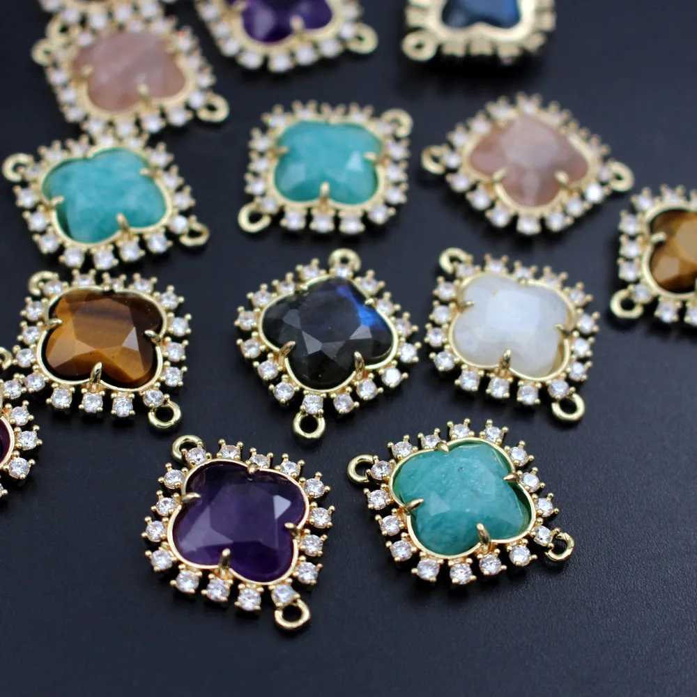 6pcs Natural Blue Labradorite Sun Stone CZ Flower Pendant Connectors Linker DIY for Women Chain Bracelet Necklace Making