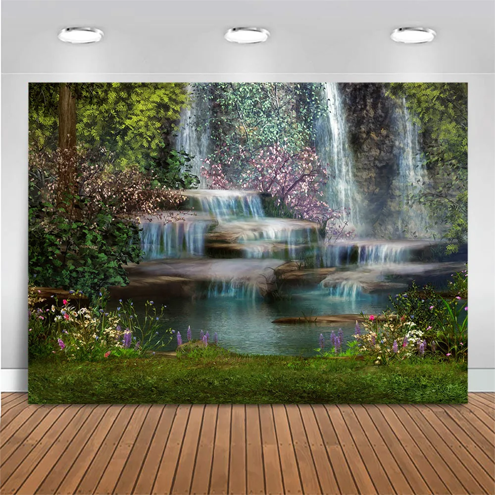 Mocsicka Spring Natural Scenery Photo Background Waterfall Grassland Flower Newborn Photography Backdrop Studio Photoshoot Props