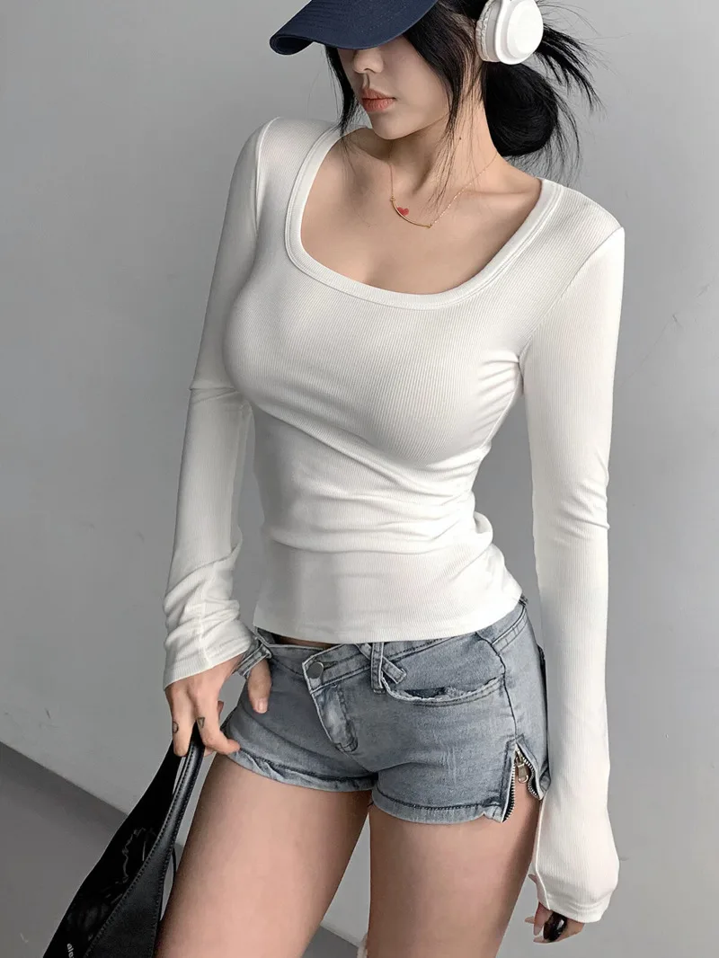 2024 Autumn/winter New Square Neck Long Sleeved Solid Color Threaded T-shirts Women Pure Cotton Basic Style Slim Top D557