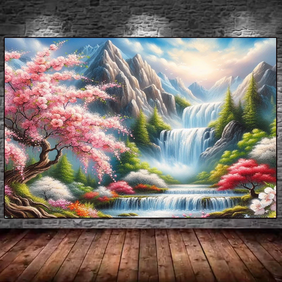 

5D алмазная живопись, новинка 2026, вишня, водопад, горная полная стразная вышивка, мозаика, пейзаж, украшение стены, подарок