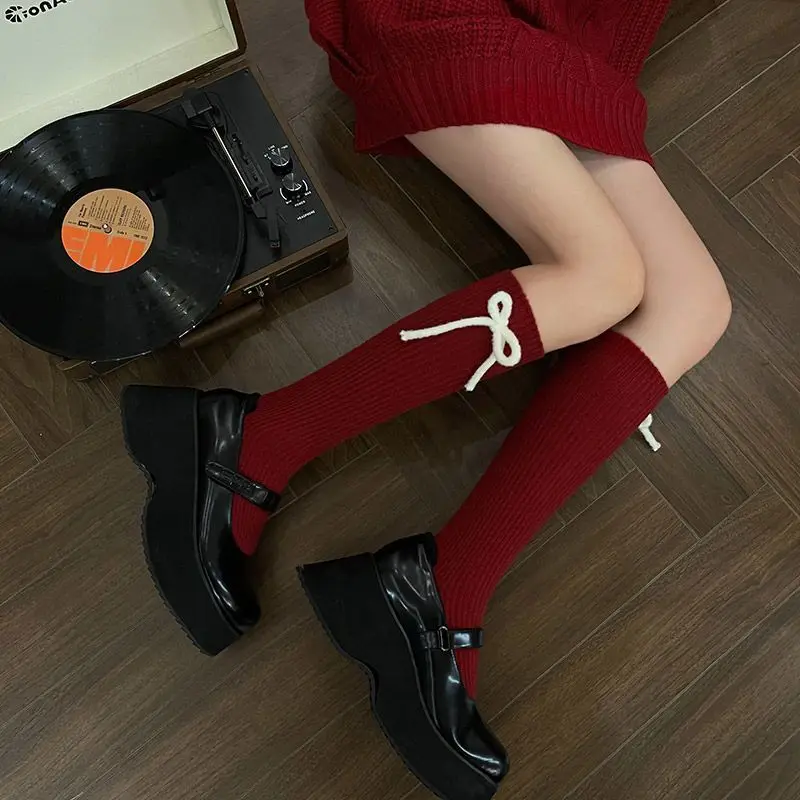 

Cute Bow Decor Ribbed Knit Knee Socks for Women Soft Breathable High Socks Red White Black Color Vintage Style Long Socks for Al