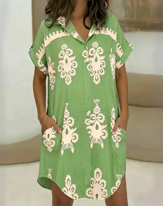 

Summer Retro Bohemian Style Printed Lapel Button Front Loose Dress for Women, Casual and Elegant Short Sleeved Shirt Dress