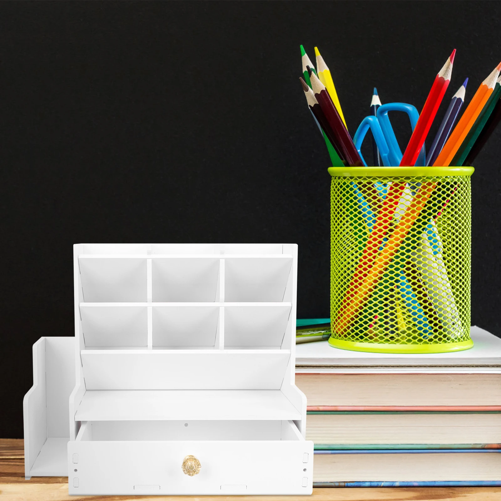 

Wooden Pen Storage Box White Office ganizer Sturdy Lightweight Desk Holder Students Multi Grid Pencil Container Remote Control