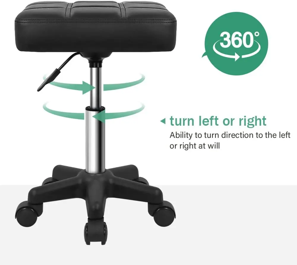 Square Swivel Stool With Wheels Pu Leahter Rolling Stool Height Adjustable Stool For Spa Salon Massage Black