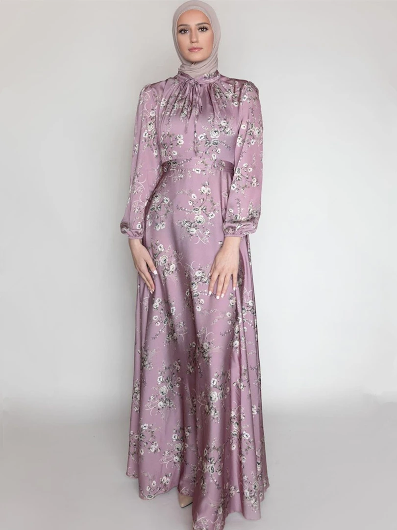 Robe longue marocaine pour femmes musulmanes, imprimé de fleurs, soyeuse, abayas longues, robe maxi de paupières, française, robe islamique,