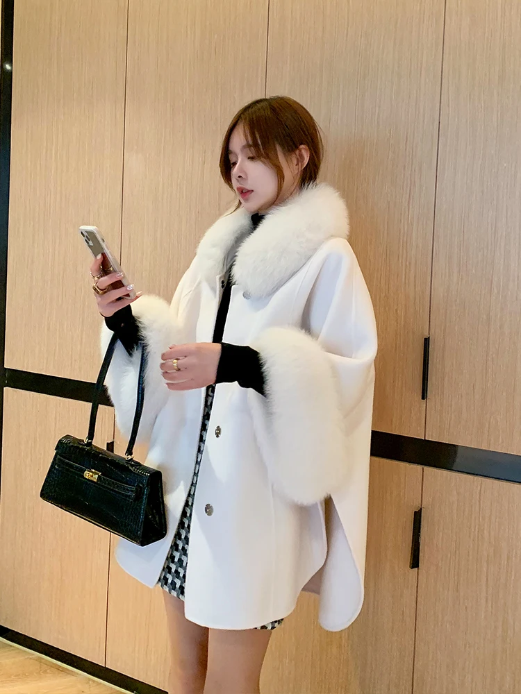 2023 Winter Coats Cashmere Sheep Wool Blends Real Natural Fox Fur Collar Cuff Belt Slim Style Female Autumn Shawl Cape Outerwear