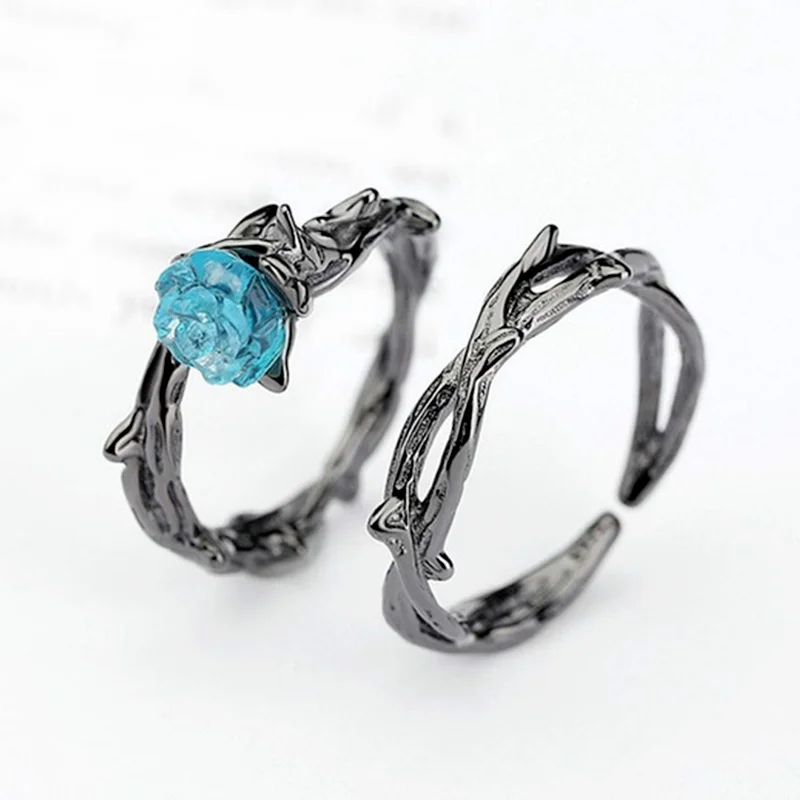 1 Pair Black Gothic Thorns Couple Rings Blue Crystal Rose Punk Creative Finger Ring for Men Women Couple Fashion Jewelry Gifts