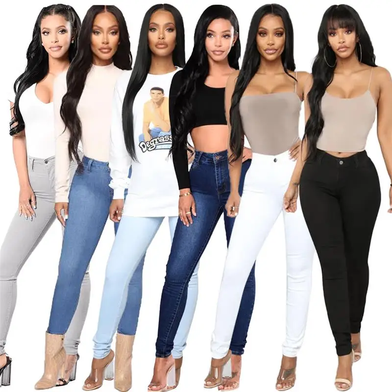 High Waist Elastic Denim Jeans Women's Pencil Slim Fit Pants Wish Cross Border Ebay Stylish Casual Long Trousers