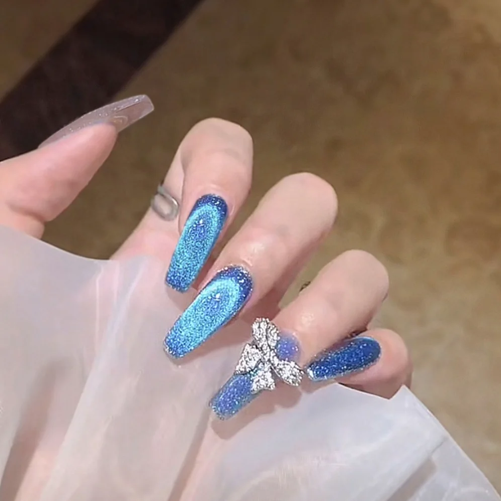 

24P Ocean Bow Tie Nail Art Fake Nails Long T Handmade Wearable Nail Patch Seamless Removable Artificial Press on Nails Finished